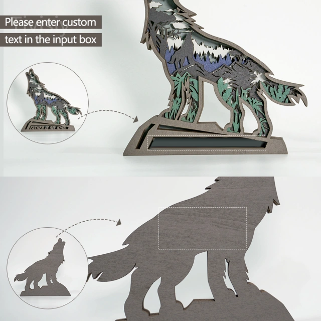 Customized Text Wolf 3D Wooden Carving Light, Suitable for Mother&Father's Day Anniversary Gift